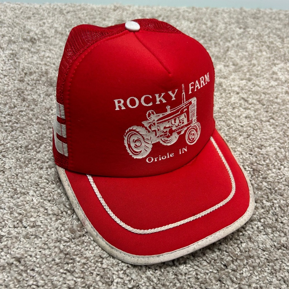 Vintage Three Stripes Trucker Hat Snapback Rocky Farm Oriole IN Nissin Mesh